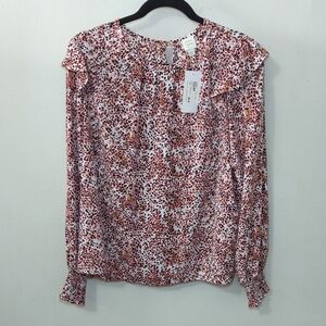 Roan + Ryan Ruffle Shoulder Blouse Animal Print White + Brown NEW Women's Size L